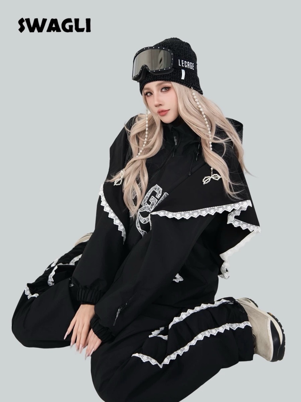 Brand new Black Women's Ruffled Ski Jacket with Contrast Trim